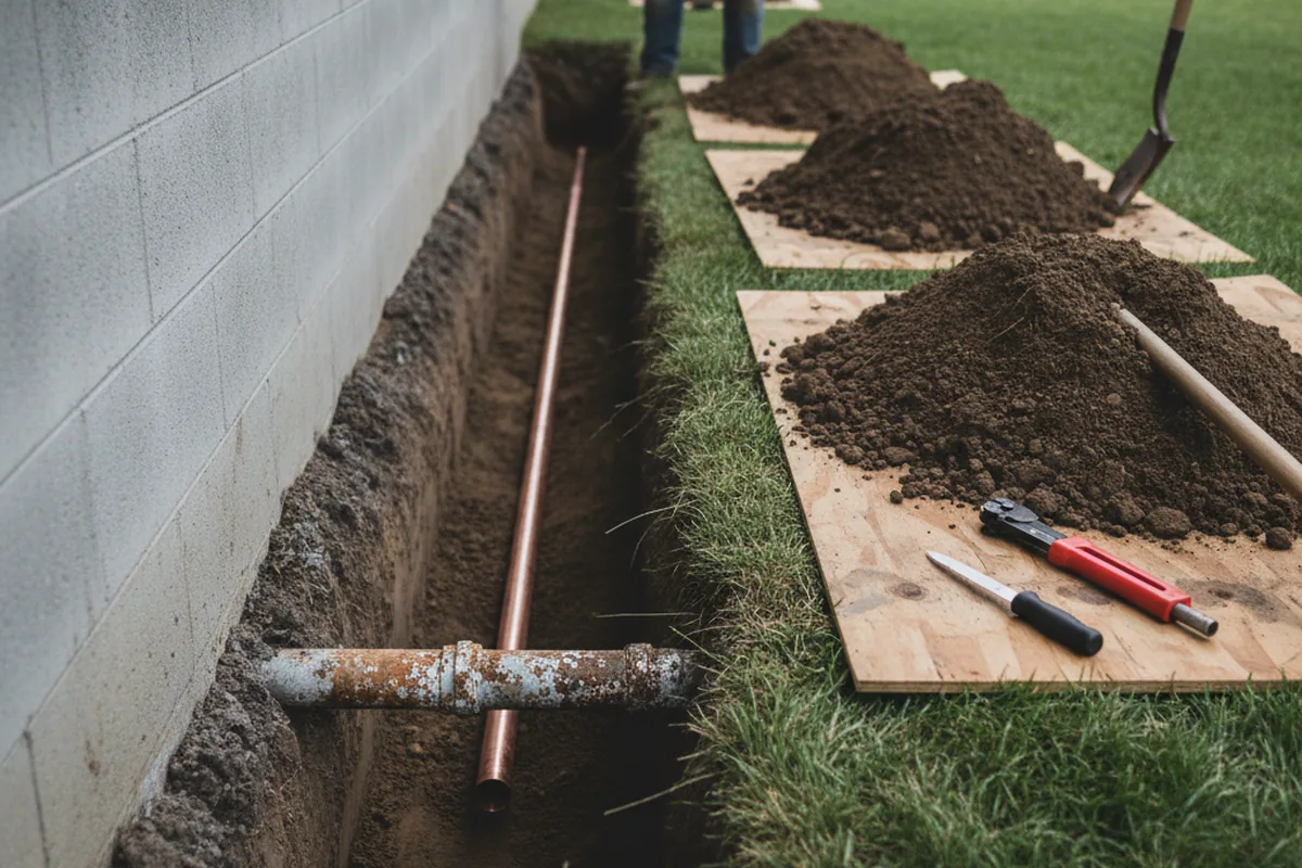 Excavated water line trench during Water Softener Installation in Lake George